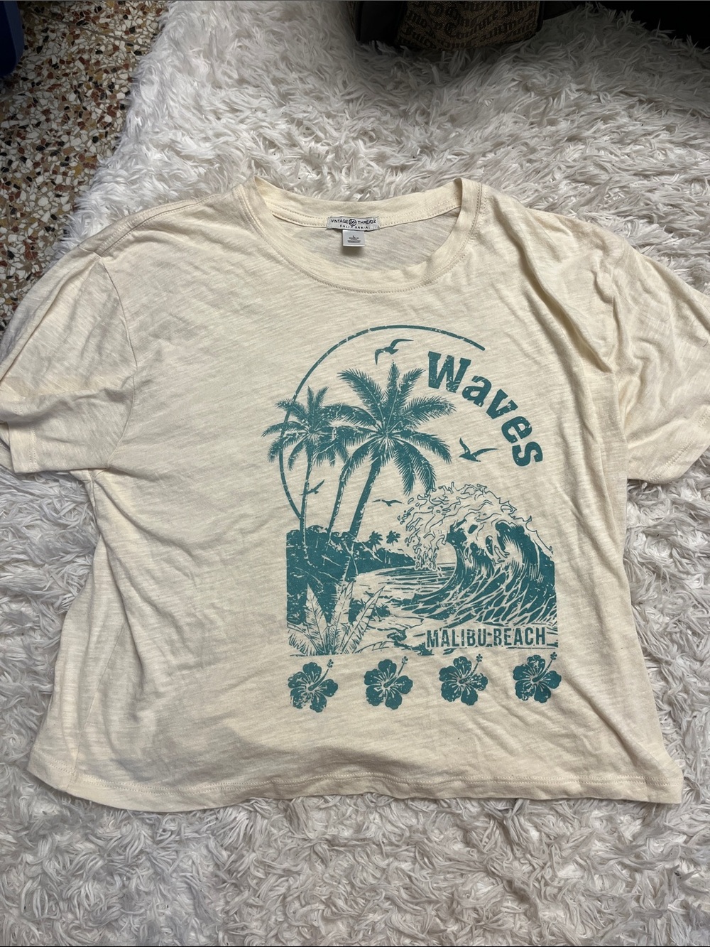 Waves Malibu Beach Graphic Tee - Cream with Teal Print